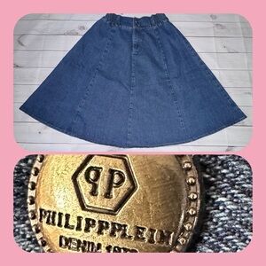 Philipp Plein Gold Logo Denim Flared Skirt Size Large , Luxury Denim, Mid Length